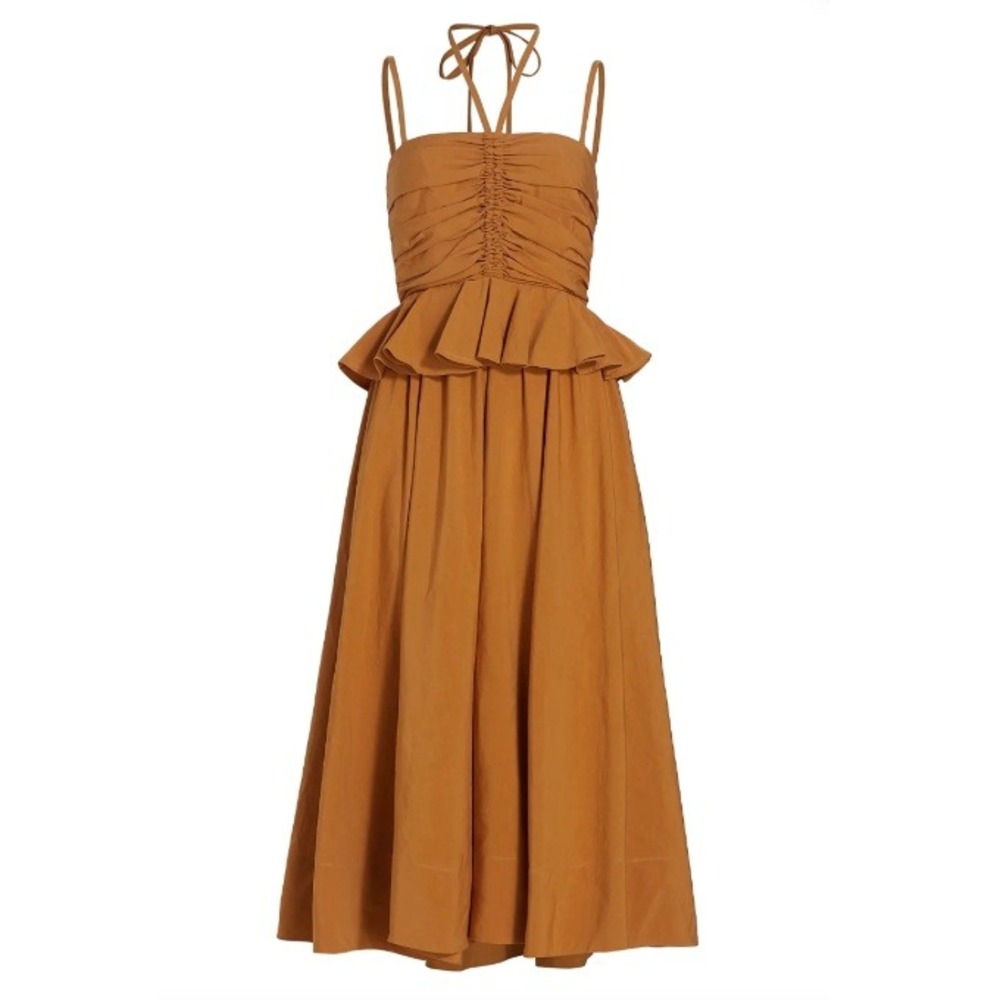 Ulla Johnson Anastasia Peplum Midi Dress Chamomile Orange Cotton Linen‎ Silk 0